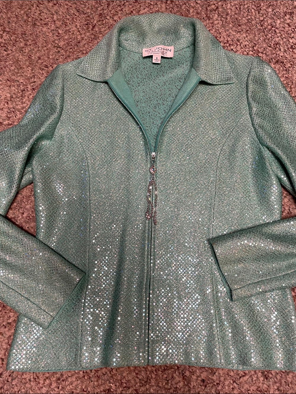 St. John by Marie gray Mint Green Sparkle jewel pull Zip-Front blazer